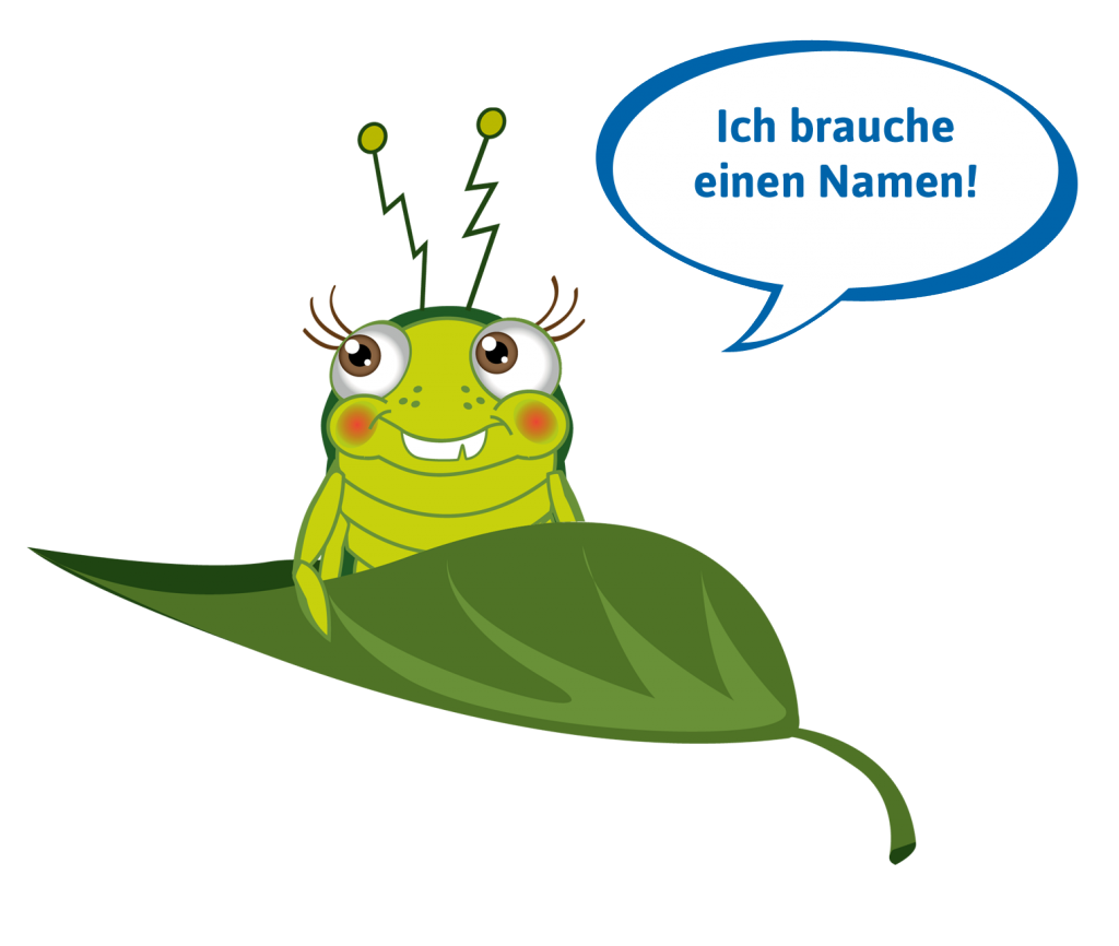 Eine hellgrüne Laus mit Sommersprossen sitzt auf einem Blatt. In einer Sprechblase steht: "Ich brauche einen Namen!"